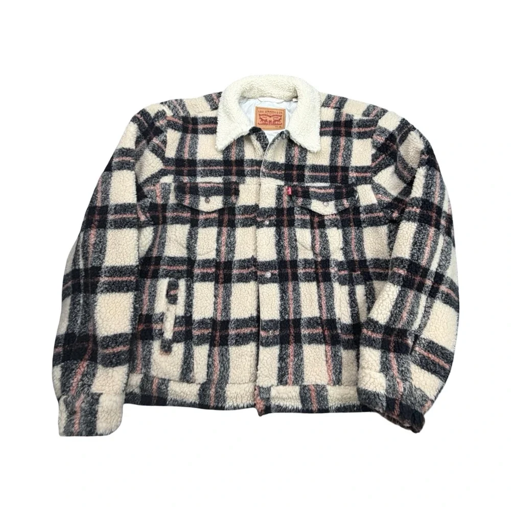 Levi's Sherpa Trucker Jacket Mens XL Cream Plaid Fleece Quilted Lining Workwear